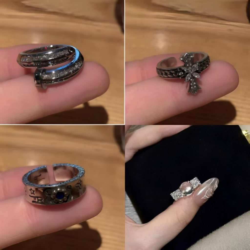 Japanese And Korean Retro Letter Graffiti Flower Emerald Ring For Men And Women