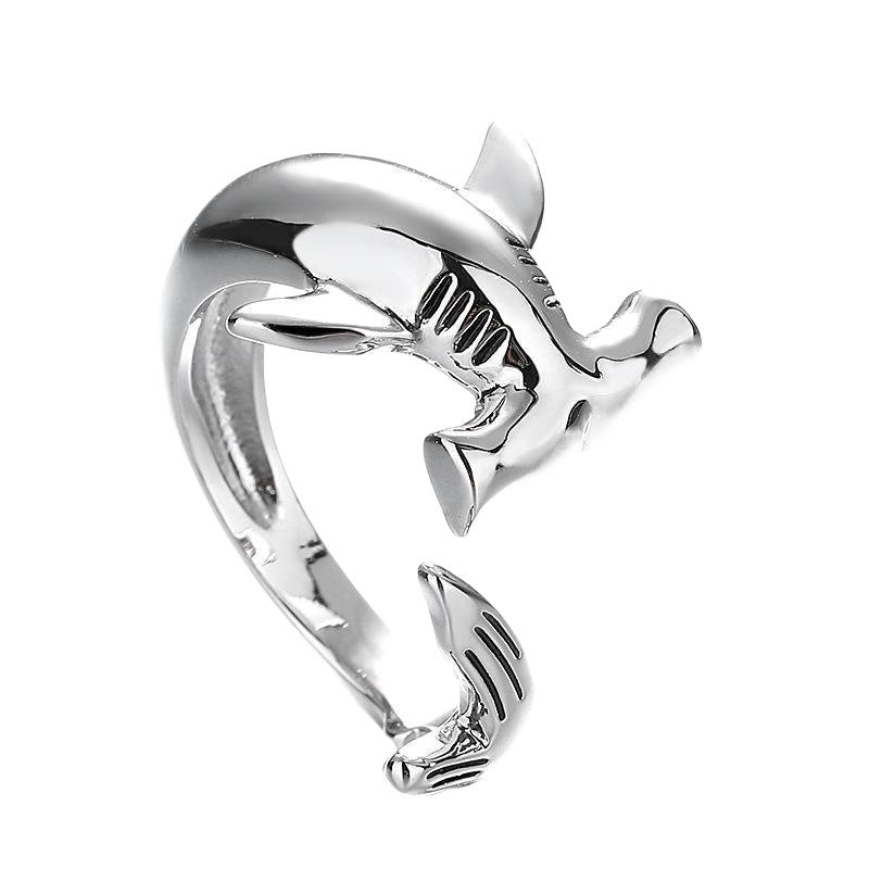 Retro Minimalist Open-End Womens Ring With A Great White Shark Design
